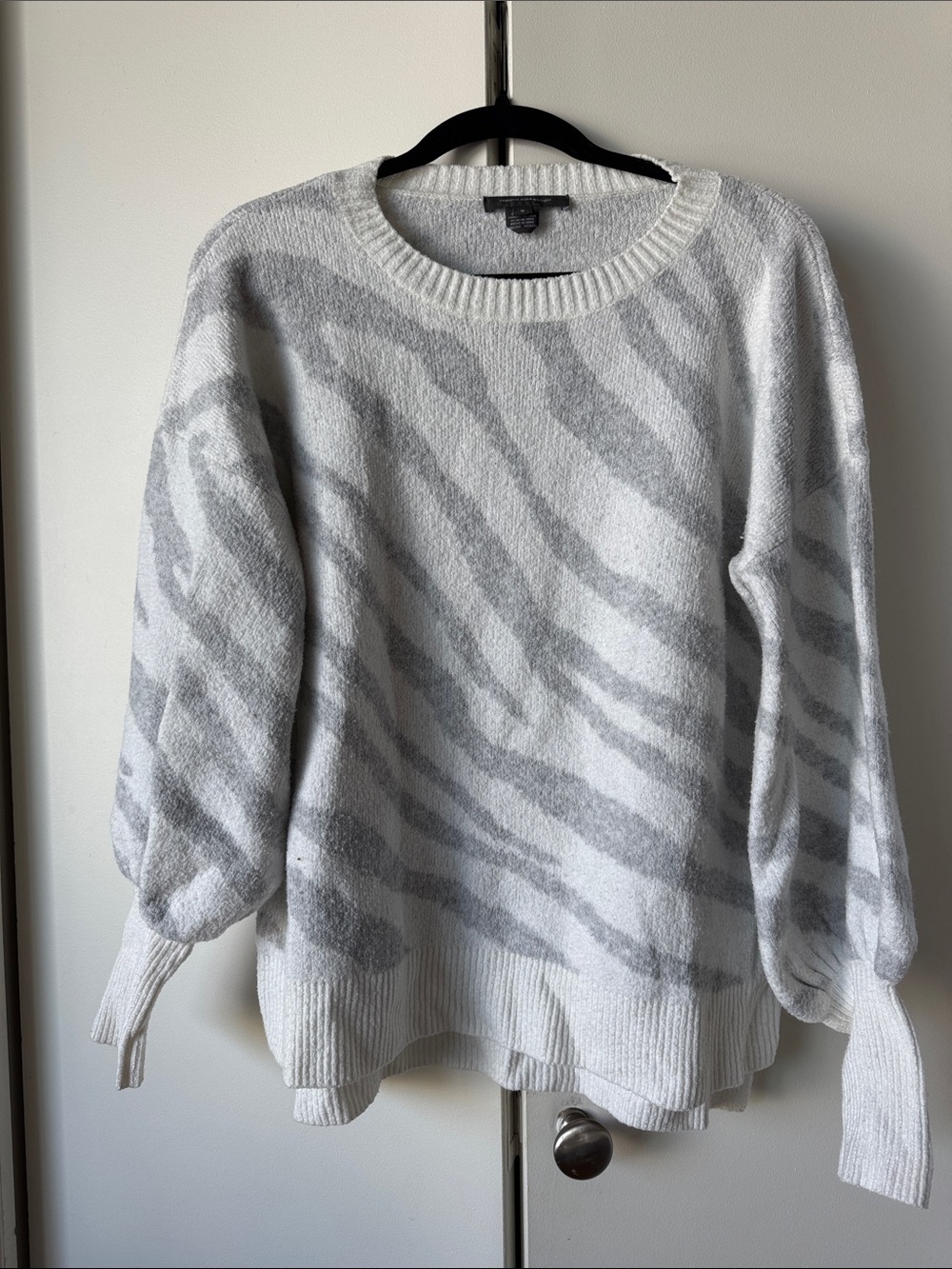 French Connection White and Light Gray Zebra-Pattern Crewneck Sweater